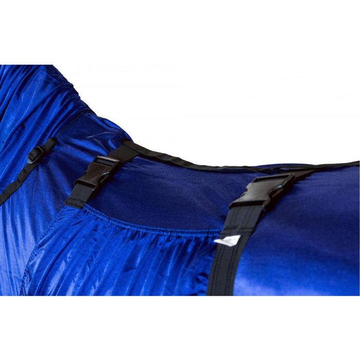 Екземерна ковдра для коней з нашолобником та захистом живота – ковдра від комах з дрібною сіткою, подвійний фронтальний замок та підв'язки для ніг – ковдра для коней для активного відпочинку у нічному блакитному кольорі – 125 см, нічний блакитний 125 см