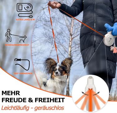 Блузель 8м Рулетка для собак до 50 кг, Неонова жовта рулетка з відбивачем, карабін 360°, ергономічна ручка з гумою та стопором