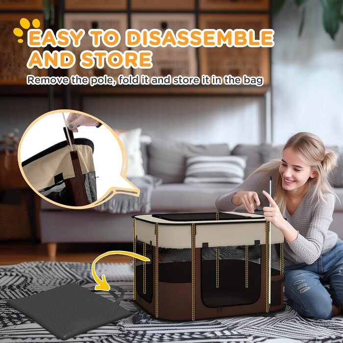 PawHut Вольєр для собак, переносна клітка-вольєр для домашніх тварин, складаний вольєр для собак та котів з сумкою для зберігання, 114 x 89 x 59 см, (Колір: Коричневий, Розмір: S)
