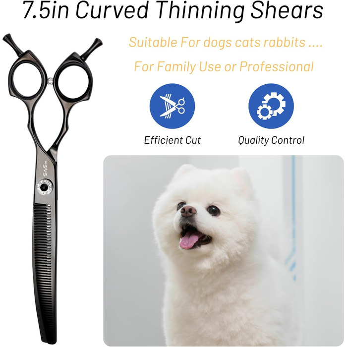Професійна вигнута ножиця для грумінгу домашніх тварин 7.5 дюймів (19 см), 56 зубів, чорний колір, 25% тонкість
