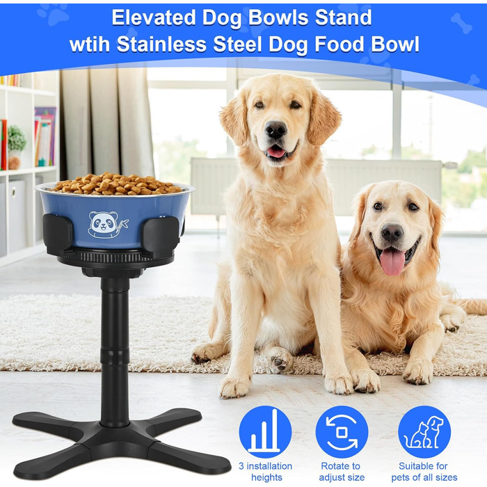 Підвищений годівниця для собак на підставці з нержавіючої сталі, 3 регульовані висоти, годівниця з ABS-пластику для маленьких/середніх/великих собак, неслизька (чорний-L) Для середніх та великих собак