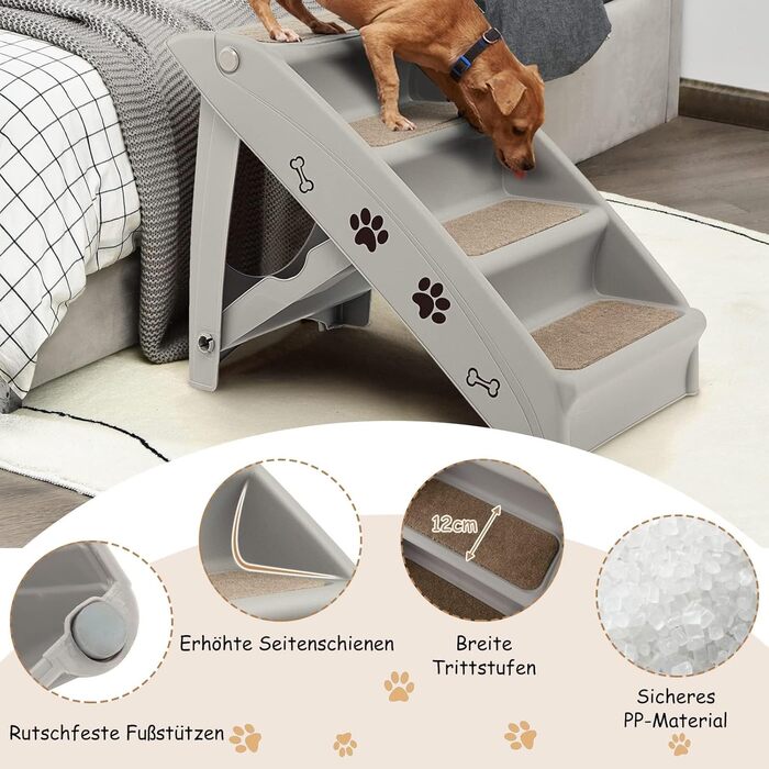 Сходинка для домашніх тварин GYMAX з 4 сходинками, складана, з пластику, з антиковзкими накладками, 4 килимки, трикутна структура, допомога у підйомі для котів та собак (Сірий)
