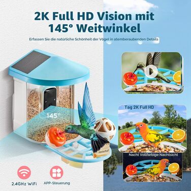Годівниця для птахів VEVOR з камерою 2K HD, ШІ-розпізнаванням понад 10 000 видів птахів, сонячною панеллю, автоматичним записом та сповіщеннями (синя)