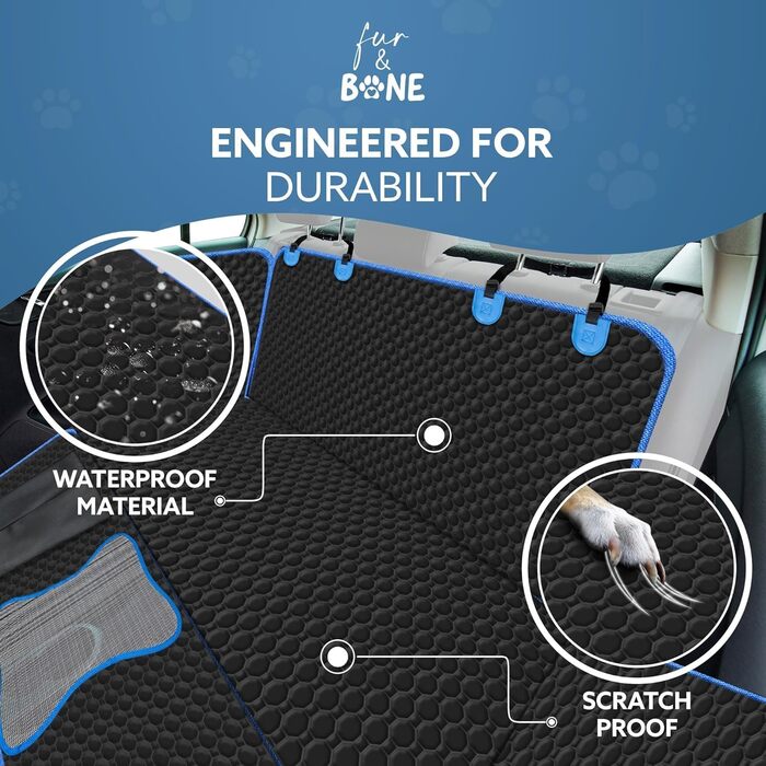 Чохол на автосидіння для собак Fur & Bone: водонепроникний, зносостійкий, з сіткою, універсальний (чорний/синій)