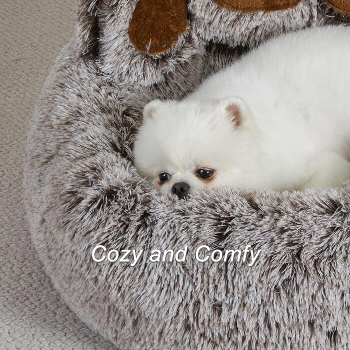 Кругле собаче ліжко Jiupety з м'якої плюшевої тканини, у формі пончика, для маленьких собак, розмір 66см, зручне та м'яке, можна прати, сірий колір, L 66 x 66 x 20 см