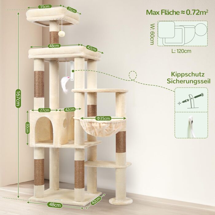 Дерев'яний комплекс для котів Globlazer XL, 167 см, бежевий: будиночок, когтеточка, платформа, іграшки для котів. Стабільний для 2-4 котів