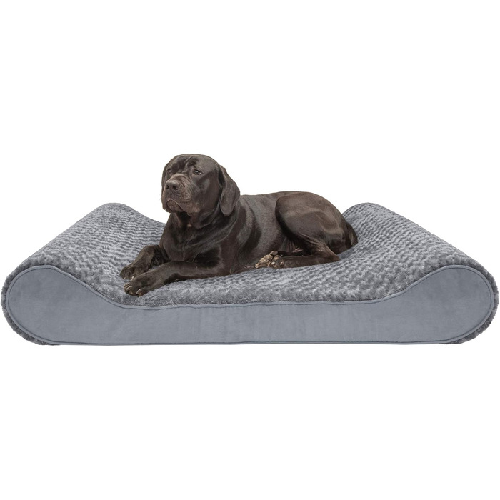 Крісло-лежанка для собак великих порід Furhaven з піною з пам'яті, знімний та пральний чохол, до 81,6 кг, ультра-м'яке штучне хутро та велюр, контурна матрацна поверхня, сірий колір, розмір XXXL (147 x 107 x 23 см)