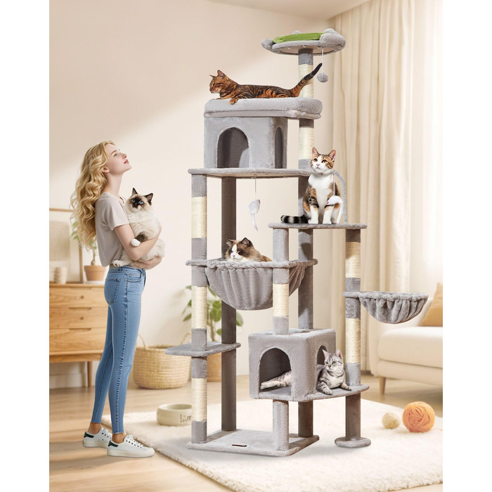 Котячий будиночок Taoqimiao MS032G: великий когтетоп для дорослих котів, XXL, міцний, з 8 стовпчиків для дряпання та великою гамаком (світло-сірий)