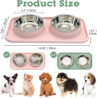 Набір мисок для собак BNOSDM: 2 шт. (рожевий + зелений), нержавіюча сталь, з антиковзною підкладкою, для корму та води, підходить для цуценят та котів