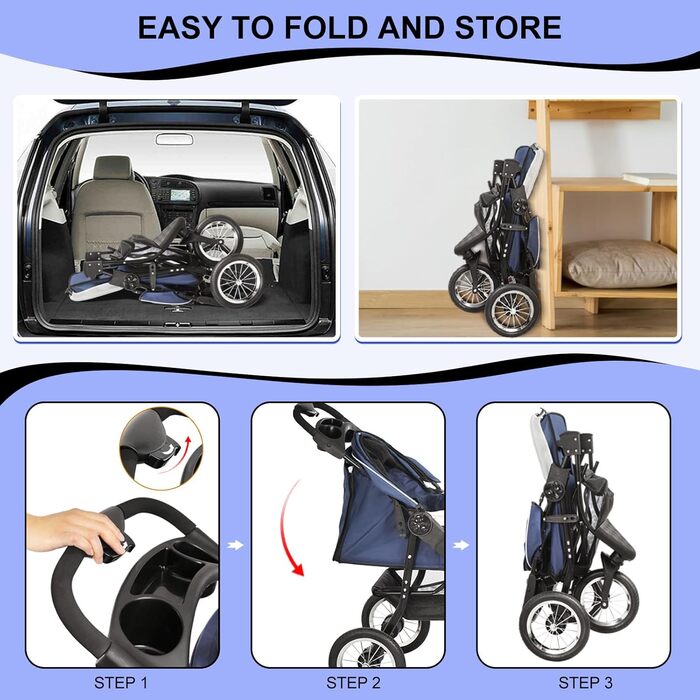 Візок для собак та котів, до 30 кг, складний, з тримачем для напоїв та захистом від дощу, блакитний