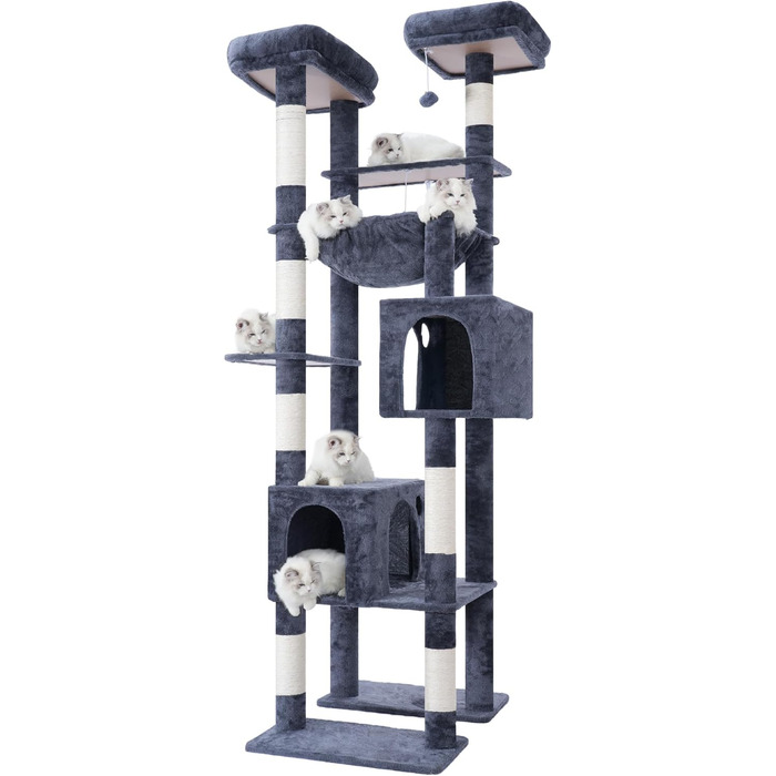Комплекс для котів Hey-brother Hoher Kratzbaumturm: багатоярусний, з гамаком, печерами та іграшками, 203 см, сірий