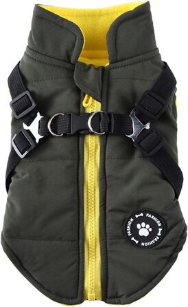 Зимова куртка для собак 2 в 1 з шлейкою, тепла куртка для цуценят та собак маленьких та середніх порід, зелена. Розміри: S (34 см), XL (49 см)