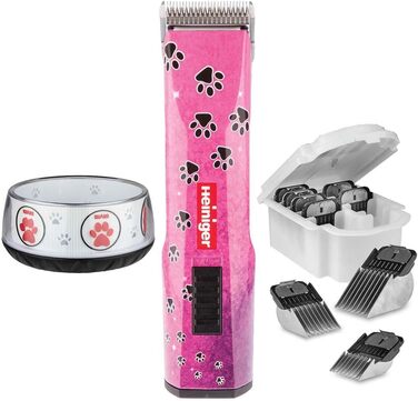 Набір для стрижки собак EHASO HEINIGER Profi Saphir: акумуляторна машинка, насадки, миска для води (рожева)