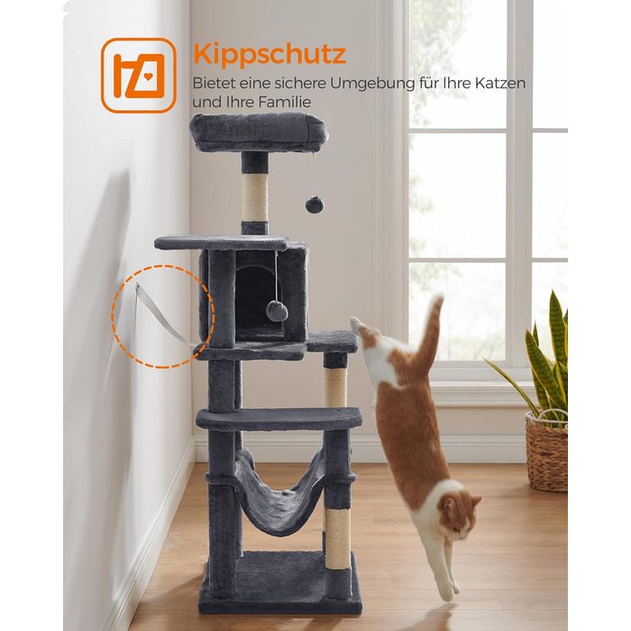 Дім-кіготник для котів Feandrea, 143 см, з 4 стовпчиками для шліфування, 2 платформами, гамаком, печерею, сірий, PCT161G01 L (55 x 45 x 143 см)