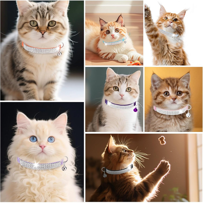 Нашийник для котів ExPawlorer з дзвіночком та стразами, м'який оксамит, безпечний, регульований, для котів та маленьких собак, 2 шт. (чорний та фіолетовий), 9'-12'