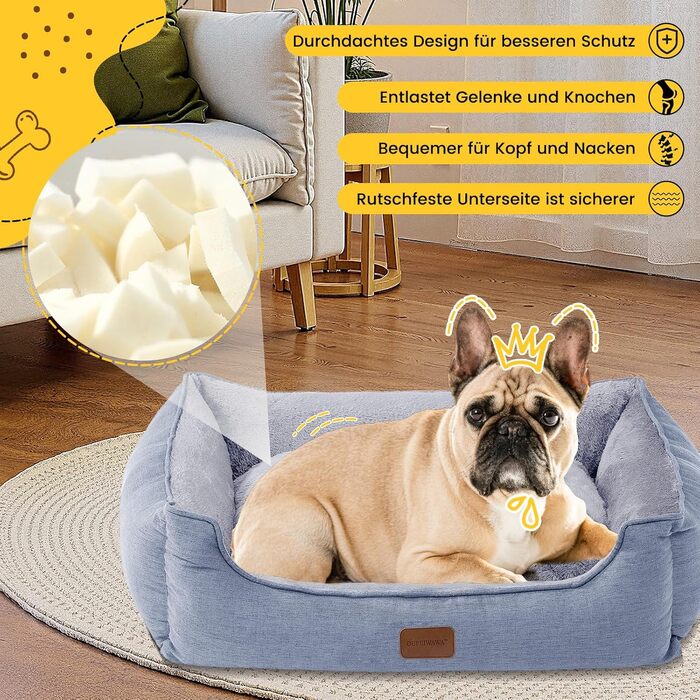 Ортопедичне ліжко для собак маленьких та середніх порід, 52x41x16 см, м'яке та зручне, кошик для собак з високим бортиком, знімний та пральний чохол, неслизьке, світло-сірий, для дому та авто