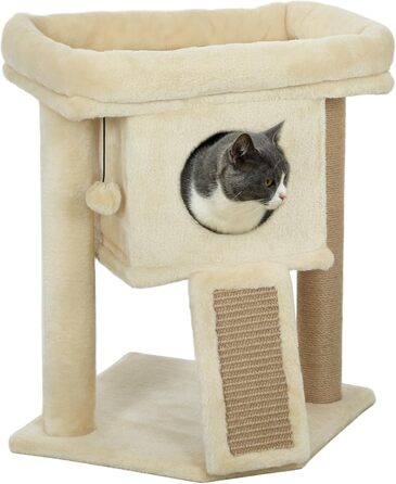 Дерев'яний котячий комплекс PawHut 57 см з будиночком, лежанкою та когтеточкою, іграшкою, для котів до 5 кг, бежевий