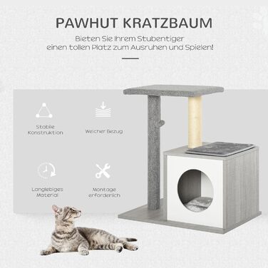 Дерев'яний котячий будиночок-когтеточка PawHut з іграшками та пледами, меблі для котів і кошенят, сірий-білий, 59x39x62 см