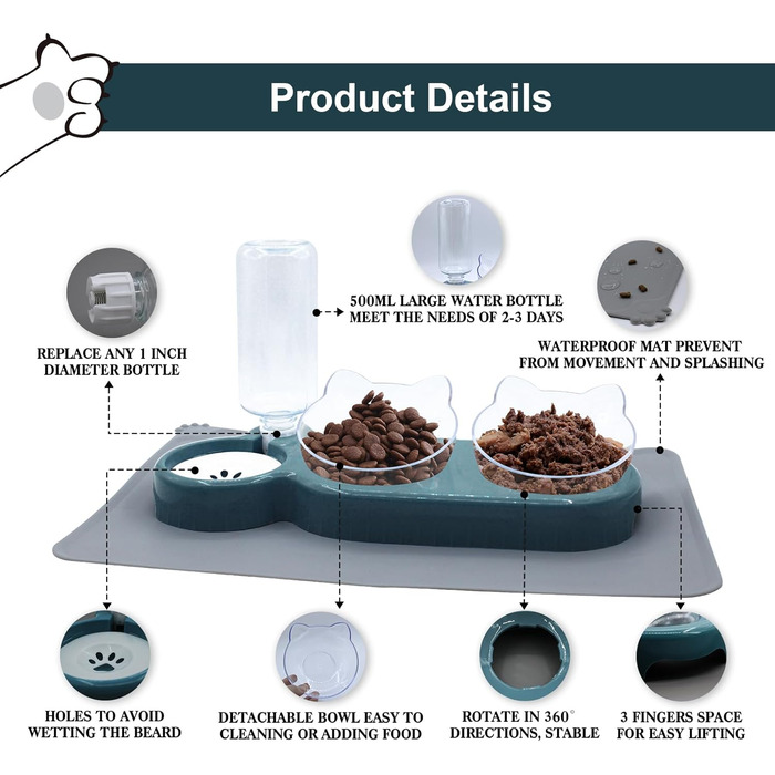 Набір мисок для котів та собак з диспенсером води, киликом та лопаткою, нахил 15°, миски для сухого та вологого корму, темно-синій