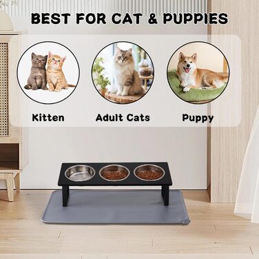 Підвищена годівниця для котів з килимком, нахилена під кутом 15°, миска для їжі та води, що запобігає блювоті, 2 шт. з нержавіючої сталі для котів та цуценят (Сірий) Сірий-2 миски (Чорний-3 миски)