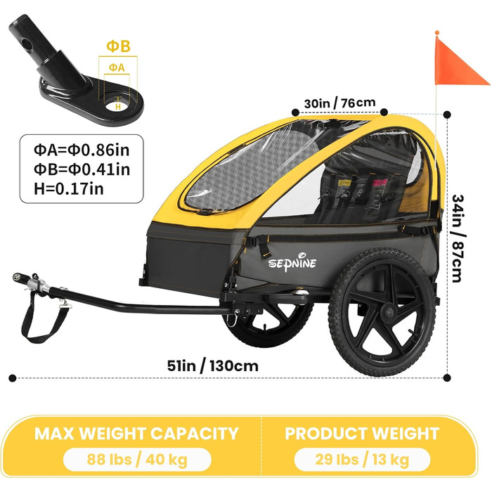 Причеп для велосипеда Sepnine для 2 дітей, від 12 місяців, швидко кріпиться, складаний, з 5-точковим ременем та кишеньками для зберігання, BT609-Жовтий