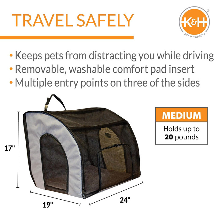 Закритий автомобільний сидіння-переноска для собак K&H Pet Products, безпечна дорожня сумка для домашніх тварин з м'якими стінками, багато входів, сітчасті вікна, знімний чохол, для подорожей