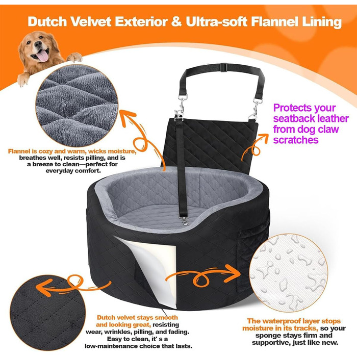 Підвищення для собак у машину, великих та вагою до 25 кг, сірого кольору, з memory foam, велике, з кишенями, ковдрою та ременем безпеки, розмір L