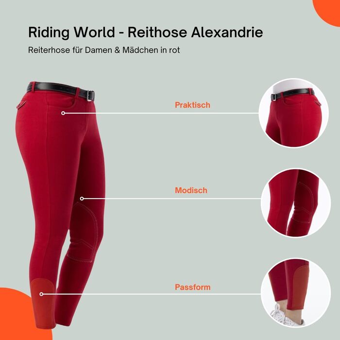 Верхні штани для їзди на конях Riding World Alexandrie для жінок та дітей | Еластичні штани з накладкою на колінах | з кишенями спереду | Легінси для верхової їзди в шести кольорах | Одяг для верхової їзди розмір 104-176 та 32-44, Зелений (38, Червоний)