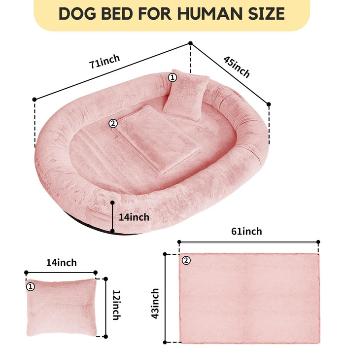 Велике ліжко для собак та людей FURRYFECTION, 180x114x35.6 см, рожеве, з ковдрою та подушкою