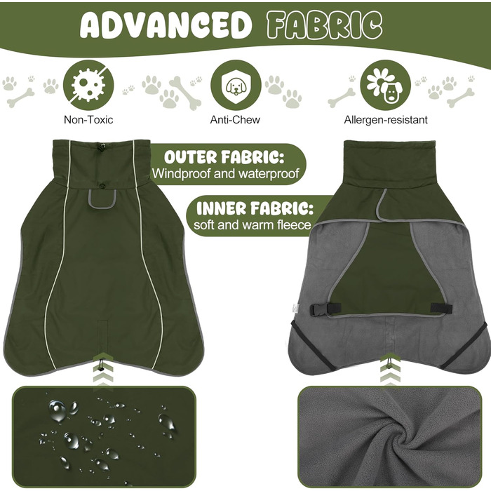 Водонепроникна куртка для собак HezzLuv, світловідбиваюча, вітрозахисна, тепла зимова куртка з м'яким флісовим підкладкою для собак маленьких та великих порід, для активного відпочинку на природі, кемпінгу та походів у холодну погоду (M(спина: 50см), армі