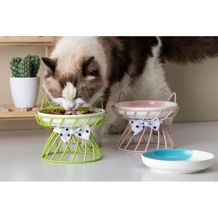 Керамічні годівниці для котів набором 4 шт., підняті миски з підставкою, годівниця для домашніх котів, зменшує напругу в шиї, зручні для вусів, для кошенят, котів, цуценят, миється в посудомийній машині, 4 кольори миска+підставка
