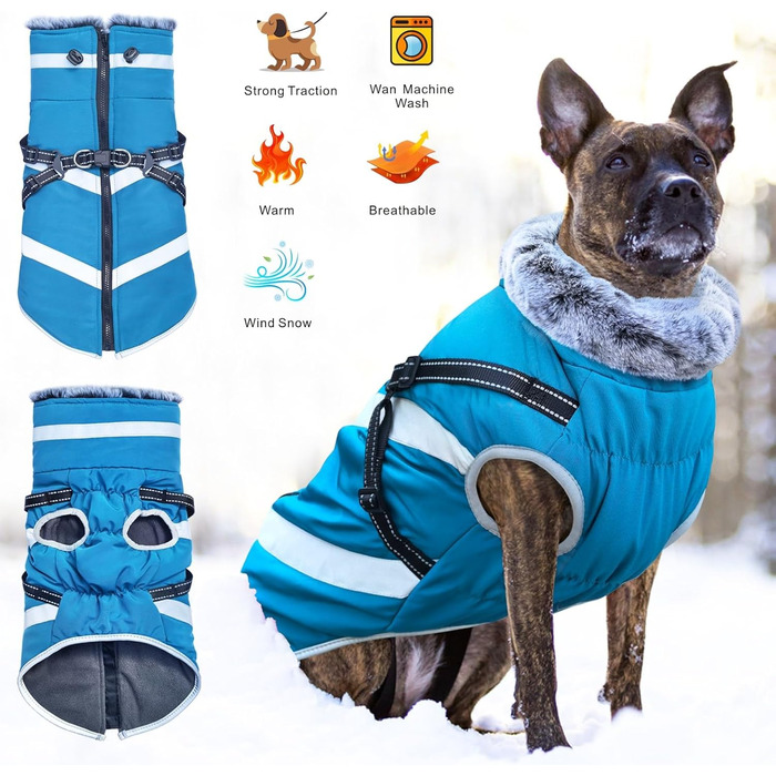 Водонепроникні куртки для собак, зимові теплі сорочки для собак, одяг для домашніх тварин з відбиваючими елементами, зимові куртки для собак, затишні костюми для снігу, куртка-жилет для маленьких, середніх та великих собак (блакитний, XL)