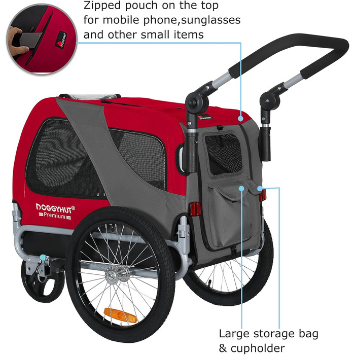 DOGGYHUT® Преміум візок для собак 2-в-1: буксир та візок для собак до 23 кг (червоний)