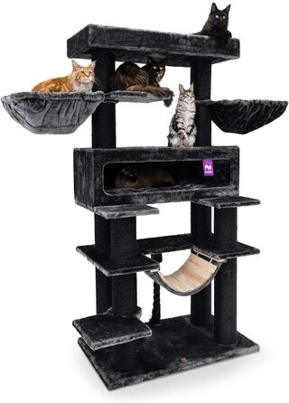 Дерев'яний кігтеточка для великих котів Petrebels Maine Coon XXL Lookout 198, надміцний, стовпи 15 см Ø, 100x60x198 см, чорний