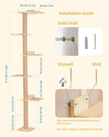 Багатоярусна кігтеточка-стінка для котів з 5 сходами, 5-ярусні полиці для відпочинку та ігри, з міцними кігтеточковими стовпчиками, з антиковзними килимками, для великих котів