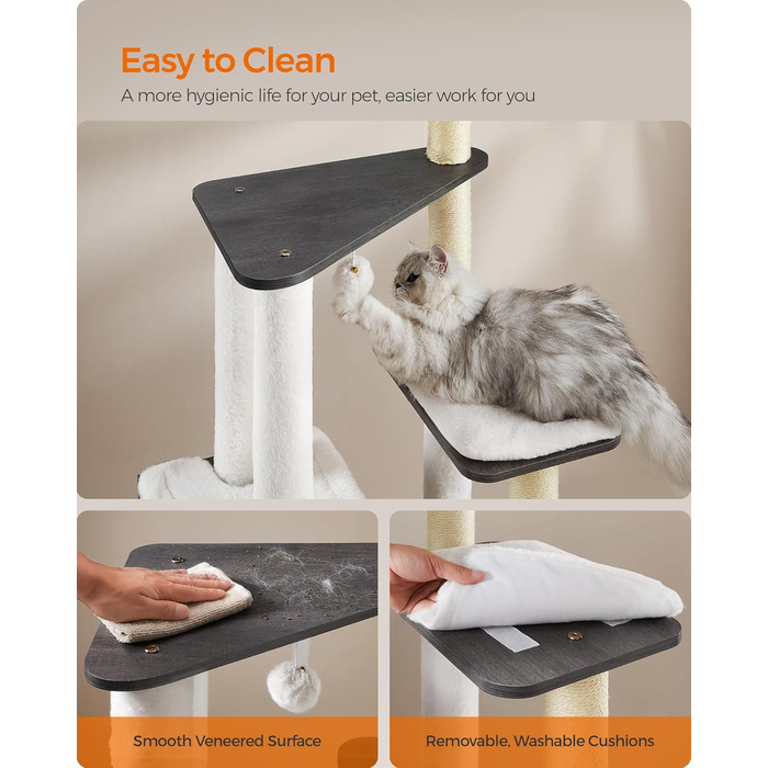 Дерев'яний будиночок для котів Feandrea WoodyWonders UPCT166G03, багатоярусний, з 5 стовпчиками для дряпання, лежаком, знімними подушками, сірий