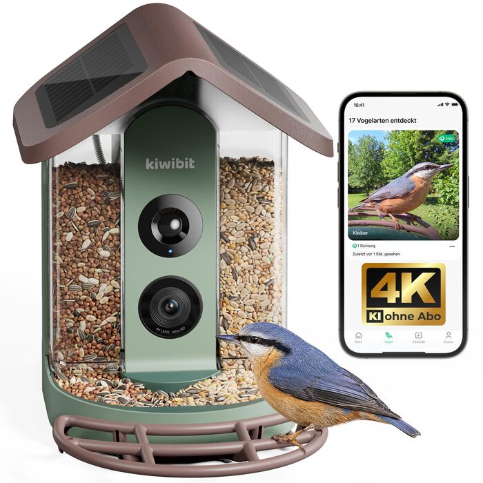 Розумний будинок для птахів Kiwibit з 4K камерою, ШІ-розпізнаванням та сонячною панеллю (Коричневий, інтегрований сонячний дах, без підписки)