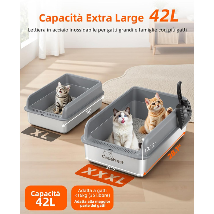 Сміттєве відро CasaNest для котів з нержавіючої сталі, XXXL, велике, антивитік, антиприлипання, темно-сірий