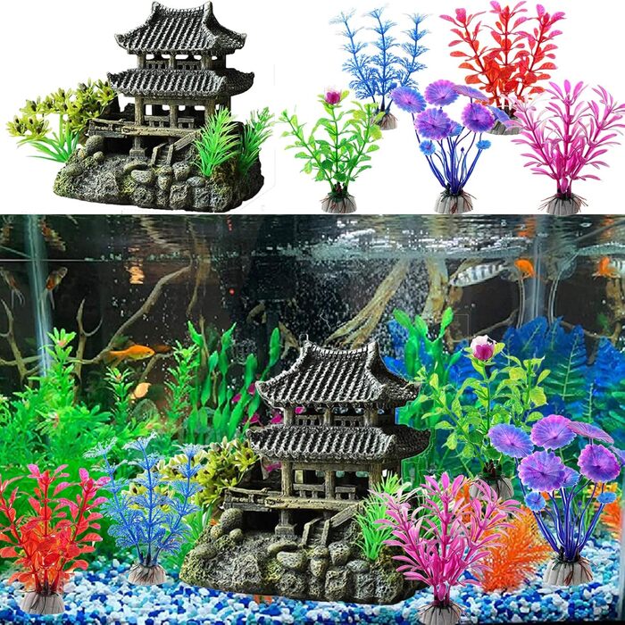 Декорація для акваріума ODOOKON: Стара будівля в східному стилі, 5 штучних рослин, 16x15x10 см