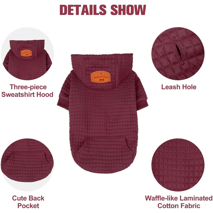 Світшот для собак BEAUTYZOO з вафельним малюнком - теплий одяг для осені та зими для собак різних розмірів (S, M, L) - светр з капюшоном та кишенею для Бульдога, Пітбуля та інших порід, розмір M (обхват грудей: 55.5 см), бордовий