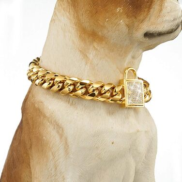 Стильний нашийник для собак Cuban Link, золотистий, з цирконієвою застібкою, ширина 14 мм, довжина 35,6 см