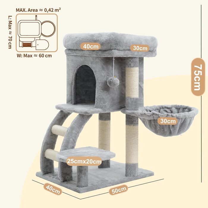 Кігтеточка Heybly Kratzbaum 75 см: кігтеточка-вежа з платформою, будиночком, гамаком, драбиною та іграшками для котів, сірий колір, HCT009SM