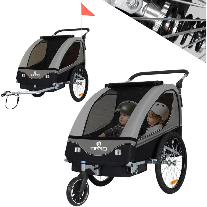 Дитячий причіп Tiggo S2 2-в-1 з підвіскою та поворотним з'єднанням 360° (Сірий)