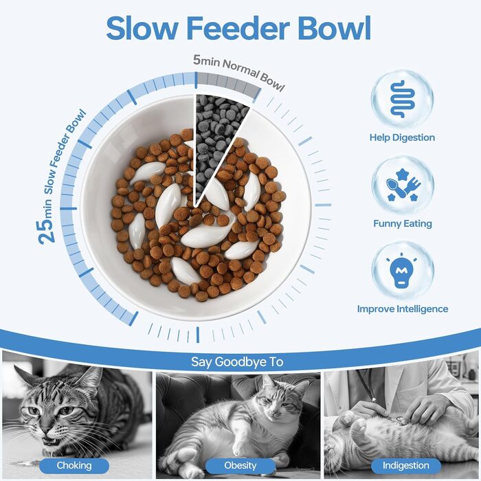 Керамічна миска для котів з підняттям, протиковзаюча, для повільного годування, біла
