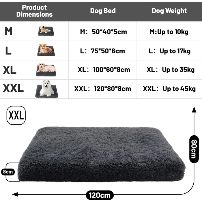 Ліжко для собак, 100x60x8 см, великі породи, миюче, плюшеве, з антиковзною основою (XXL 120x80x8 см)