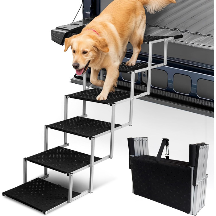 Сходинки для собак у машину, складні - до 113 кг, для великих собак, з антиковзким покриттям (метал та тканина, 6 ступенів, срібний)