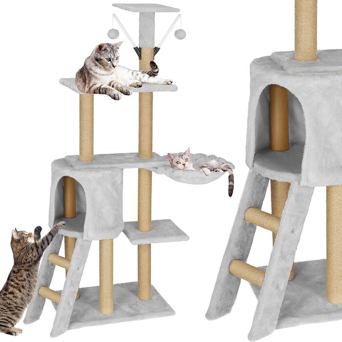 Котячий будиночок SPRINGOS з дряпалкою, 245 см, сірий, регульована висота