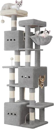 Великий котячий будиночок-кліматизатор, 193 см, XXL, 7 стовпчиків для дряпання, 3 будиночки, 2 платформи, 2 іграшкові кульки, кошик, мотузка для лазіння, багатоповерховий, сірий, MS19218LG