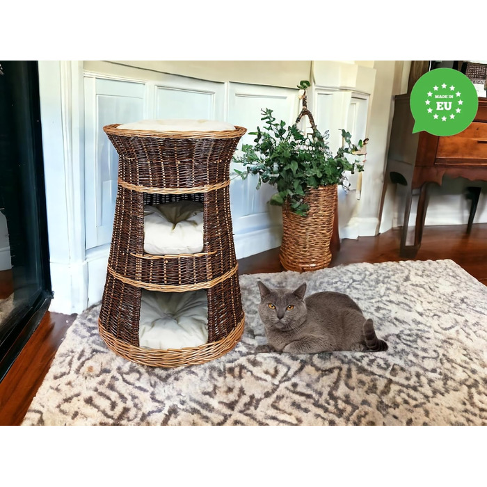 Корзина для котів для сну - котяча хатинка для дому - розмір 43 x 49 x 70 см, кругла - котяча печера з лози, трирівневе ліжко для собак або котів з пральним подушками в кольорі слонова кістка - лакована корзина з бежевими подушками