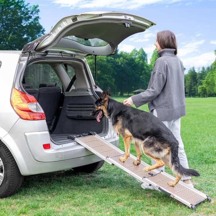 Рампа для собак у машину Klappbar - Складана, стабільна, протиковзка, для автомобілів та SUV до 90 кг, телескопічна алюмінієва рампа, з світловідбиваючими смугами, кріпильний кліп, для великих собак